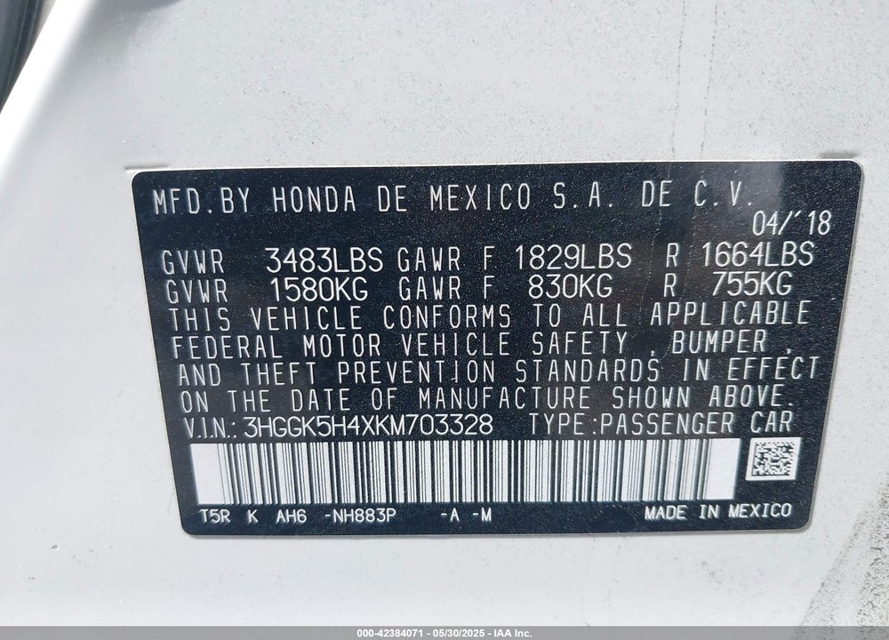 2019 HONDA FIT VIN: 3HGGK5H4XKM703328