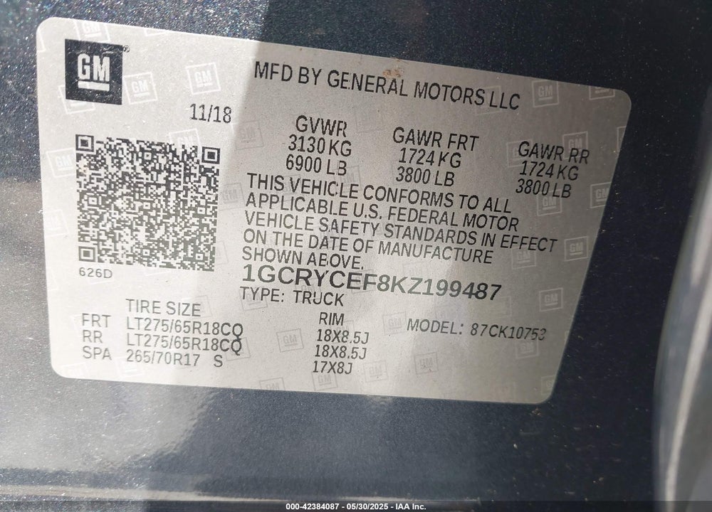 2019 CHEVROLET SILVERADO VIN: 1GCRYCEF8KZ199487