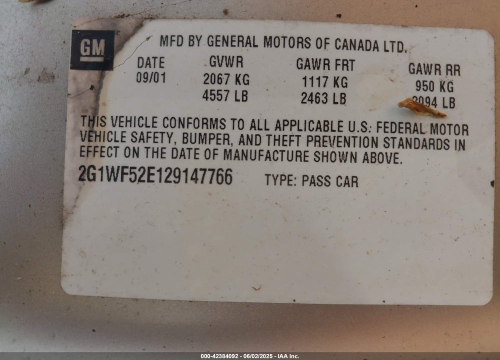 2002 CHEVROLET IMPALA VIN: 2G1WF52E129147766