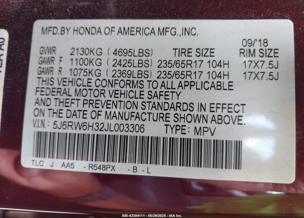 2018 HONDA CR-V VIN: 5J6RW6H32JL003306