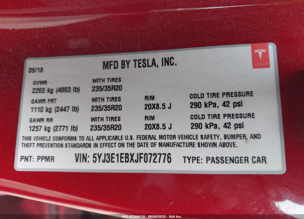 2018 TESLA MODEL 3 LONG RANGE/PERFORMANCE VIN: 5YJ3E1EBXJF072776
