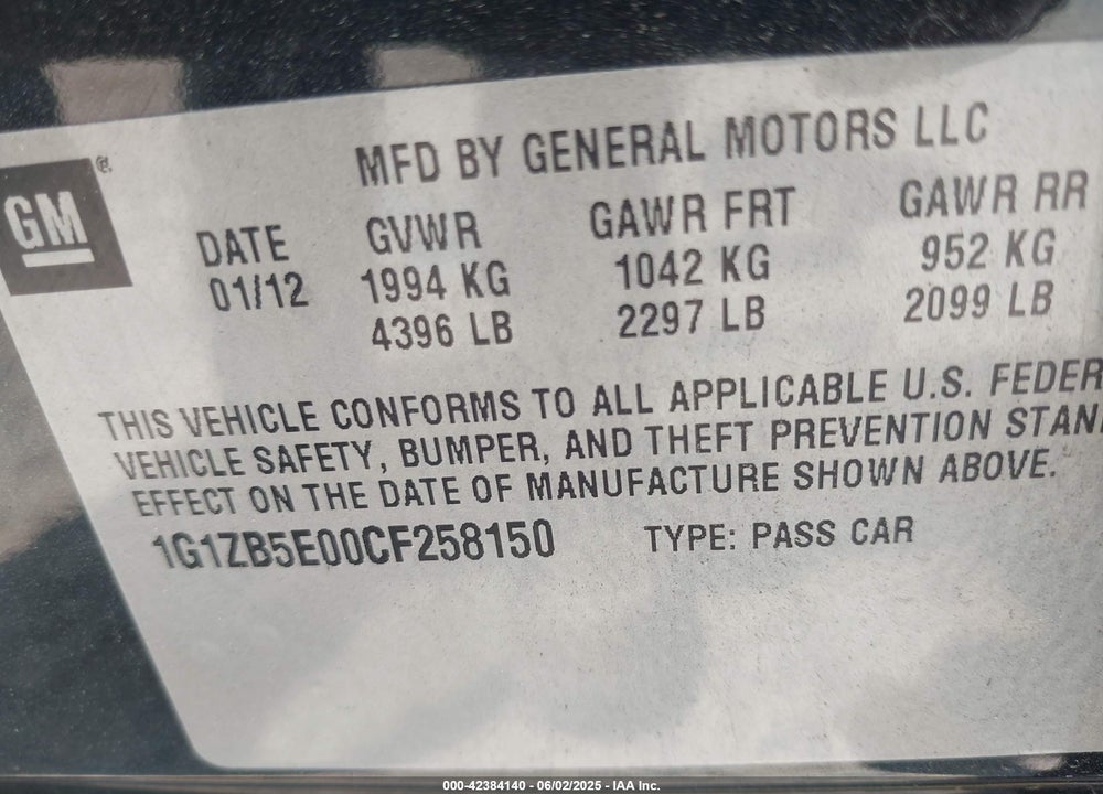 2012 CHEVROLET MALIBU LS VIN: 1G1ZB5E00CF258150