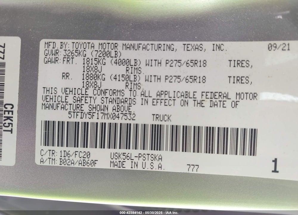 2021 TOYOTA TUNDRA TRD PRO VIN: 5TFDY5F17MX047532