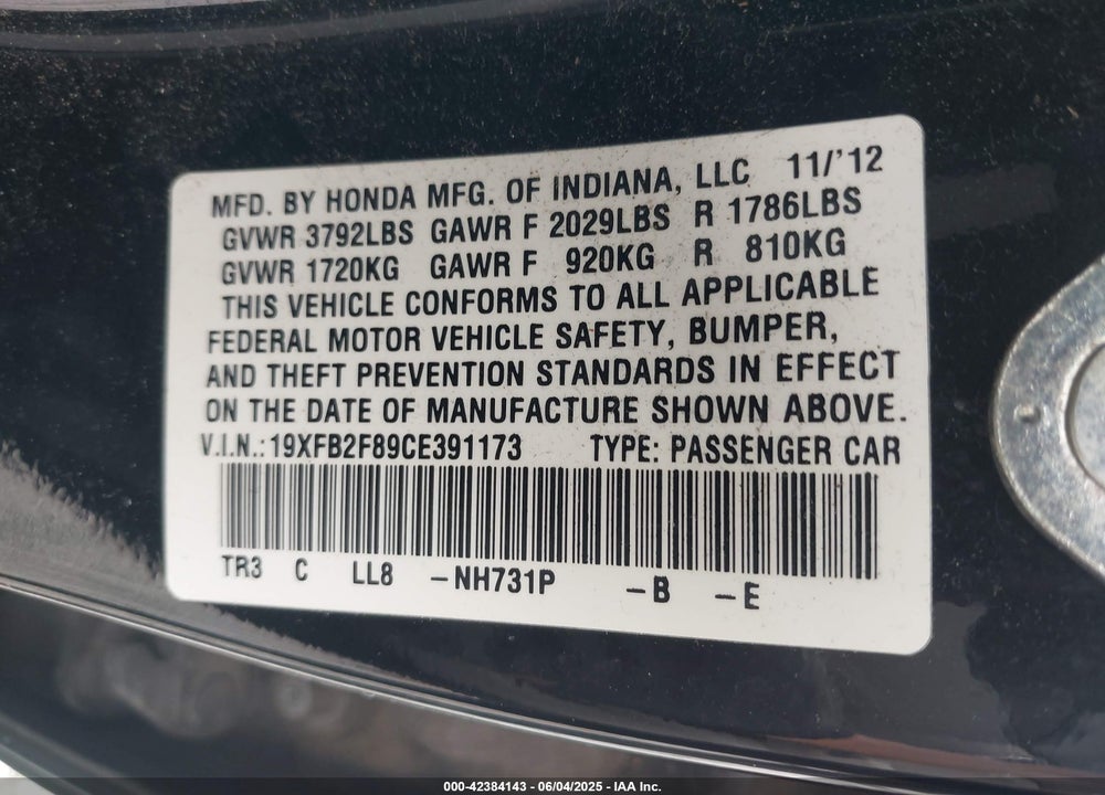 2012 HONDA CIVIC VIN: 19XFB2F89CE391173