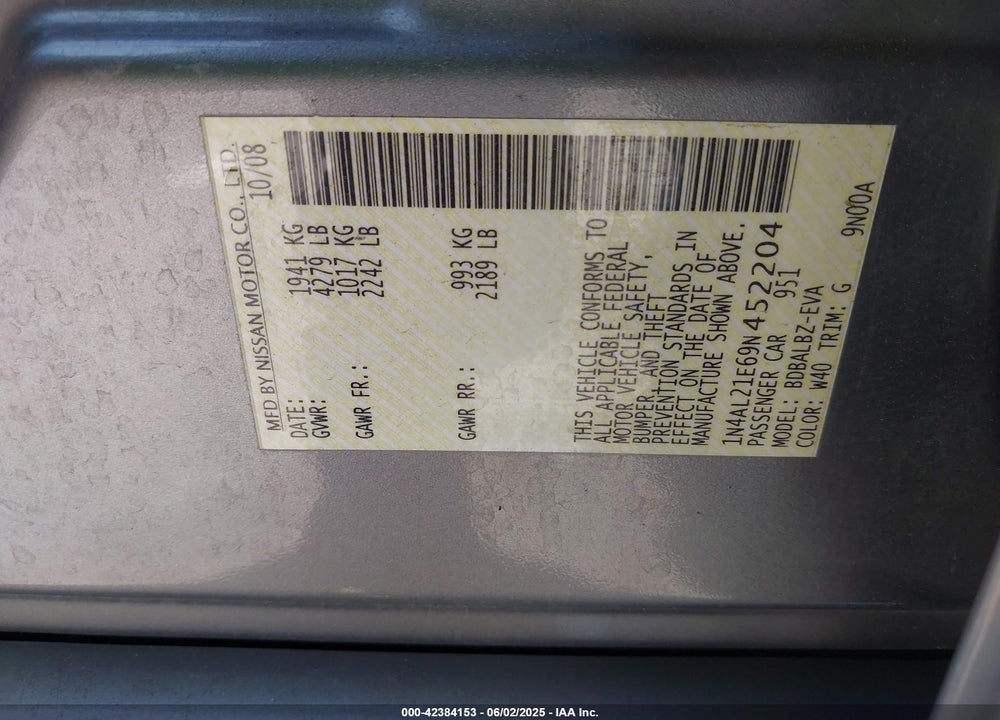 2009 NISSAN ALTIMA 2.5 S VIN: 1N4AL21E69N452204