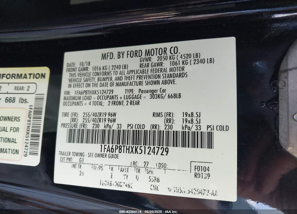 2019 FORD MUSTANG VIN: 1FA6P8THXK5124729