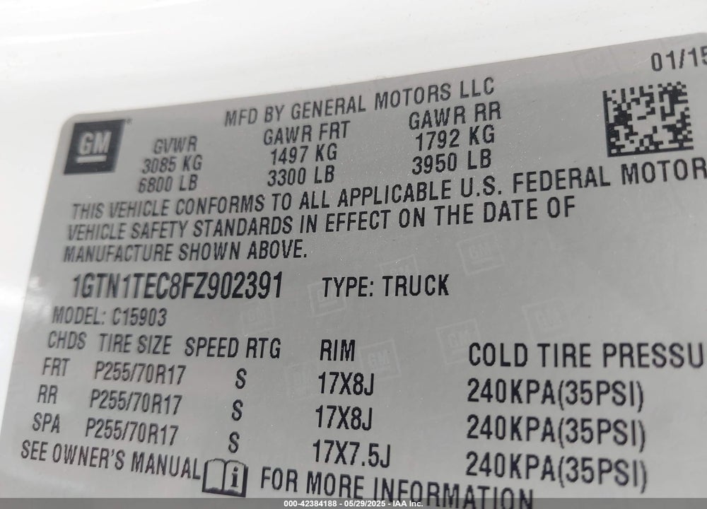 2015 GMC SIERRA 1500 VIN: 1GTN1TEC8FZ902391