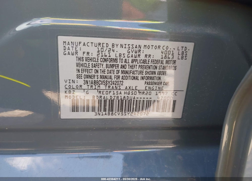 2025 NISSAN SENTRA VIN: 3N1AB8CV5SY242072