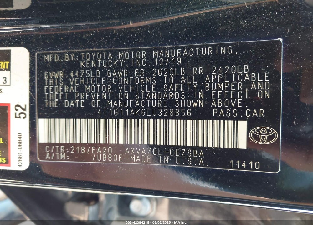 2020 TOYOTA CAMRY SE VIN: 4T1G11AK6LU328856