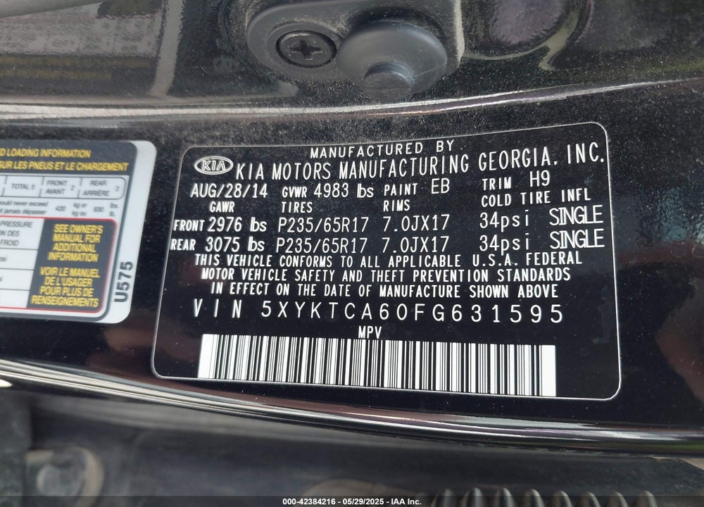 2015 KIA SORENTO VIN: 5XYKTCA60FG631595