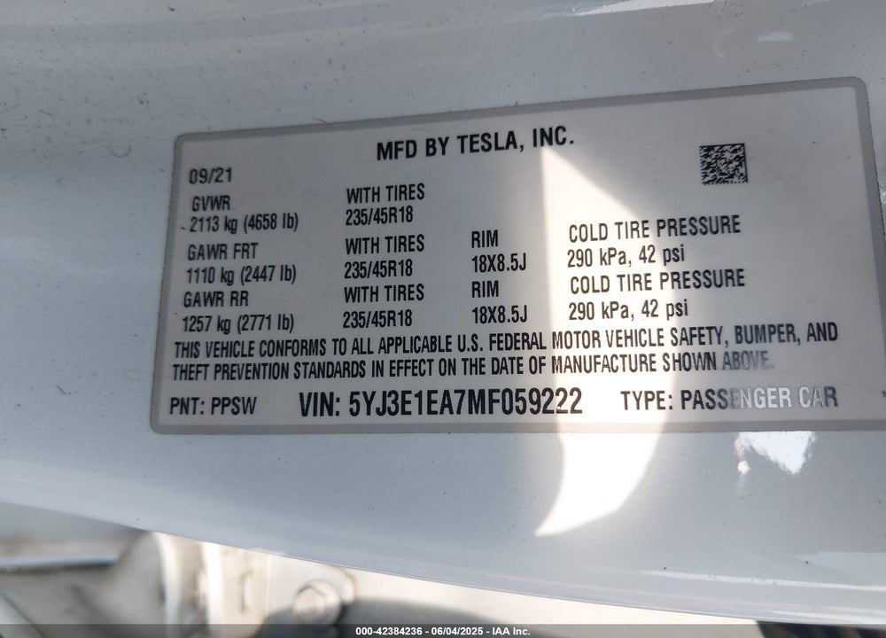 2021 TESLA MODEL 3 VIN: 5YJ3E1EA7MF059222