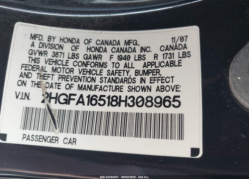 2008 HONDA CIVIC LX VIN: 2HGFA16518H308965