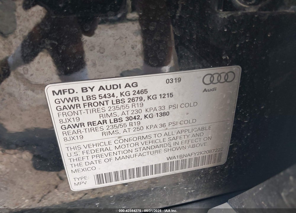 2019 AUDI Q5 VIN: WA1BNAFY2K2087222
