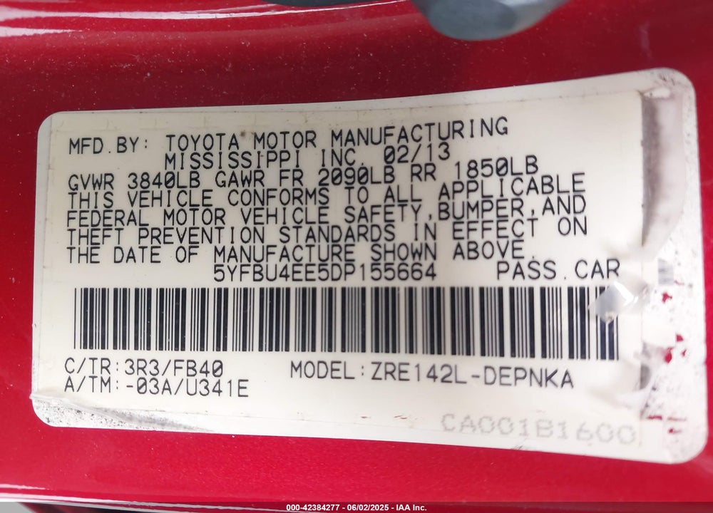 2013 TOYOTA COROLLA LE VIN: 5YFBU4EE5DP155664