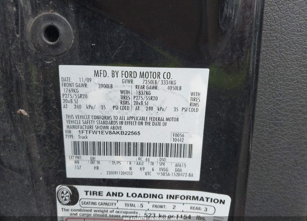 2010 FORD F-150 FX4/HARLEY-DAVIDSON/KING RANCH/LARIAT/PLATINUM/XL/XLT VIN: 1FTFW1EV8AKB22565
