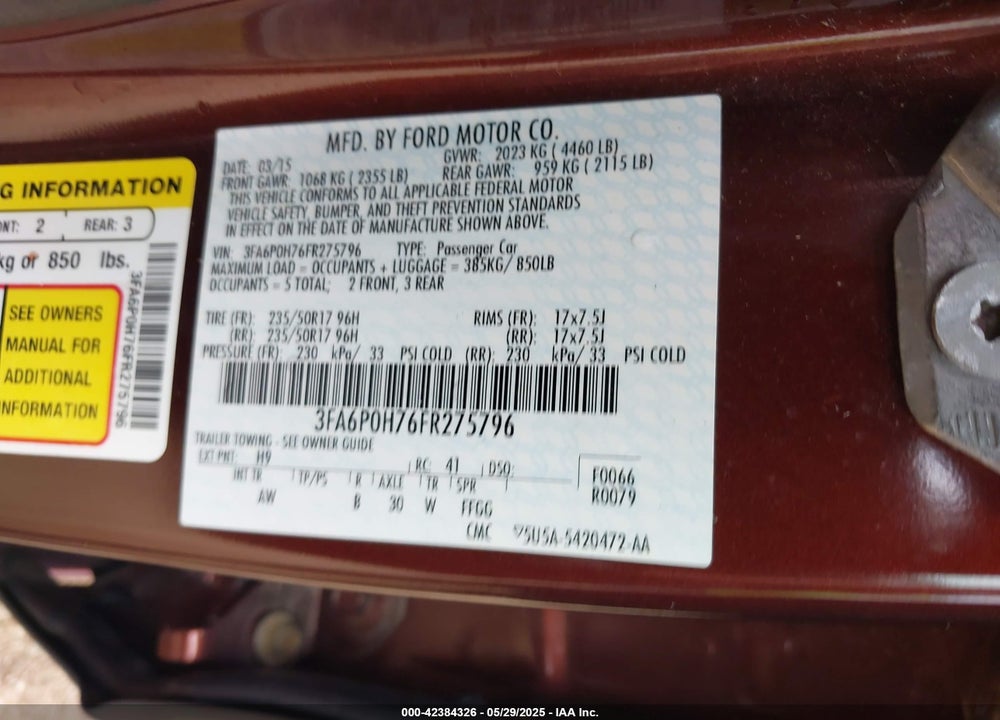 2015 FORD FUSION VIN: 3FA6P0H76FR275796