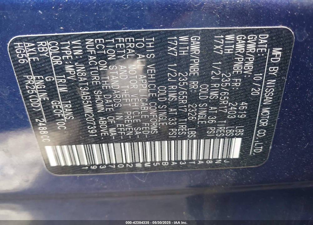 2021 NISSAN ROGUE VIN: JN8AT3AB5MW207391