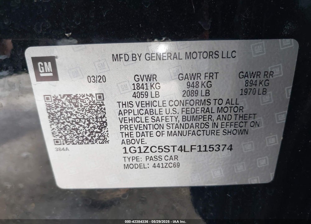 2020 CHEVROLET MALIBU FWD 1FL VIN: 1G1ZC5ST4LF115374