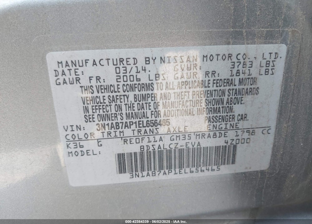2014 NISSAN SENTRA VIN: 3N1AB7AP1EL656465