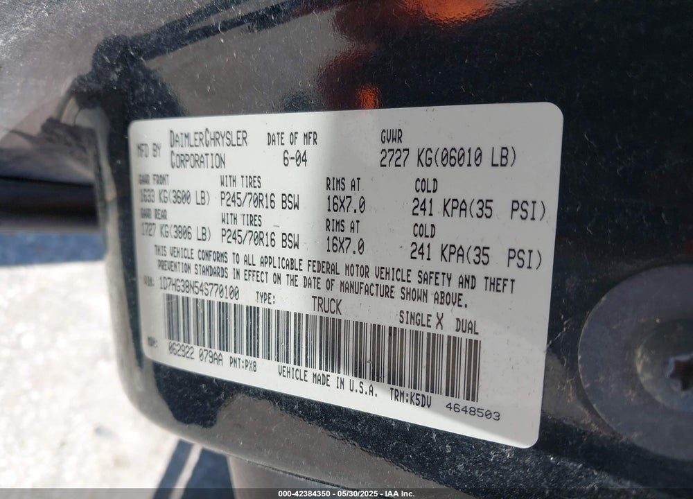 2004 DODGE DAKOTA SPORT/SXT VIN: 1D7HG38N54S770100