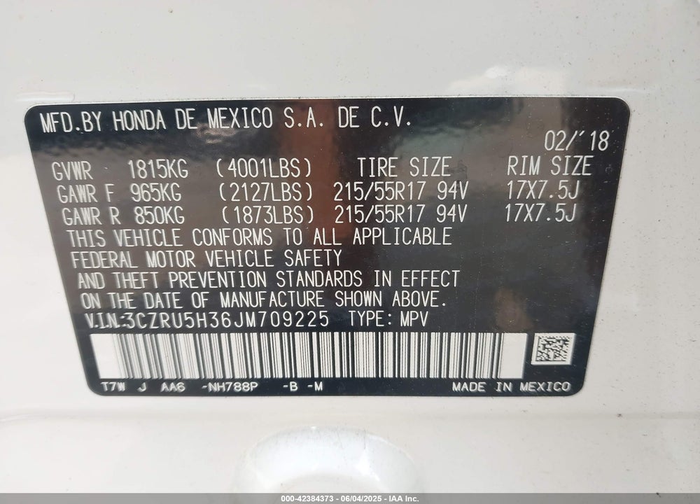 2018 HONDA HR-V VIN: 3CZRU5H36JM709225