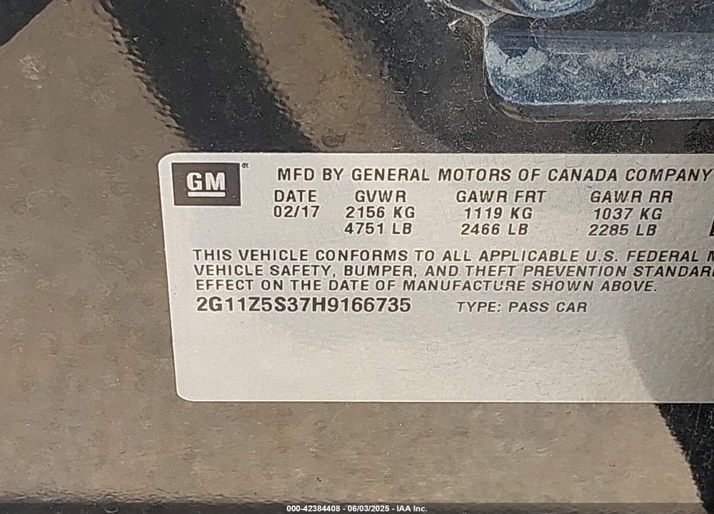 2017 CHEVROLET IMPALA VIN: 2G11Z5S37H9166735