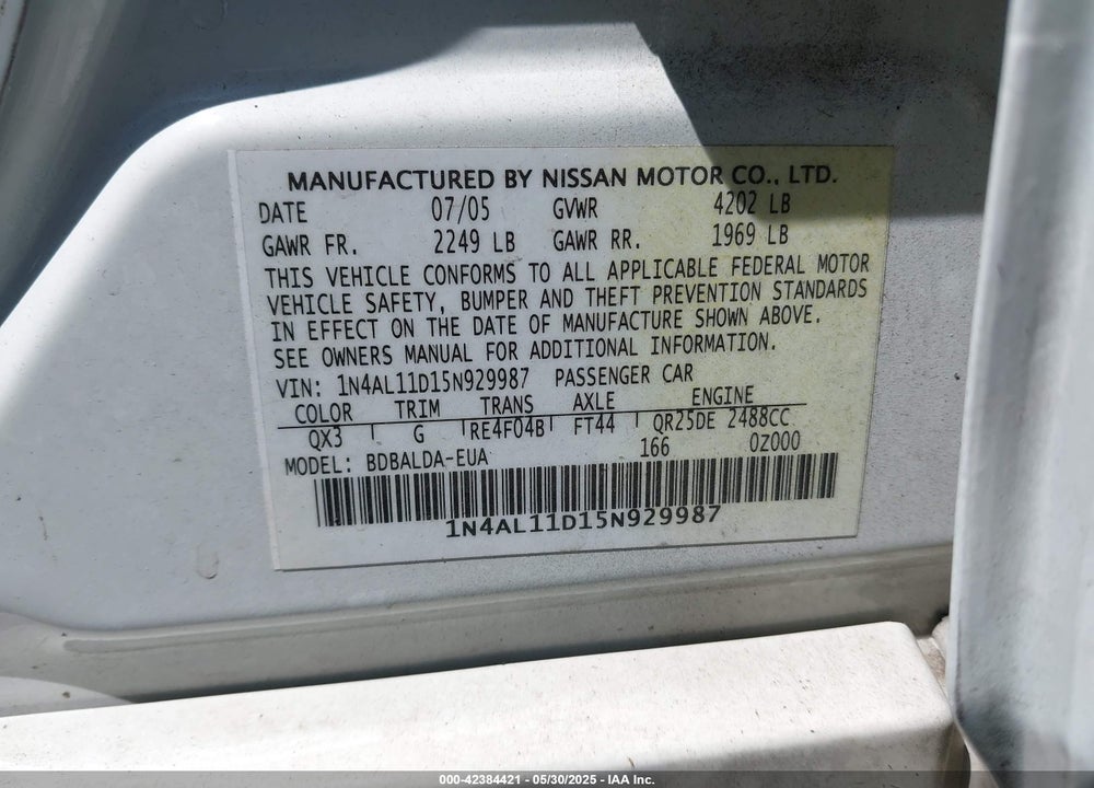 2005 NISSAN ALTIMA 2.5 S VIN: 1N4AL11D15N929987