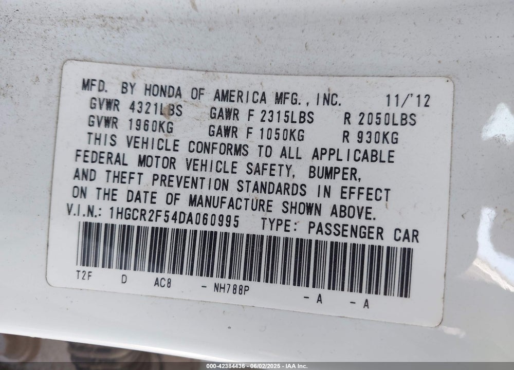 2013 HONDA ACCORD SPORT VIN: 1HGCR2F54DA060995