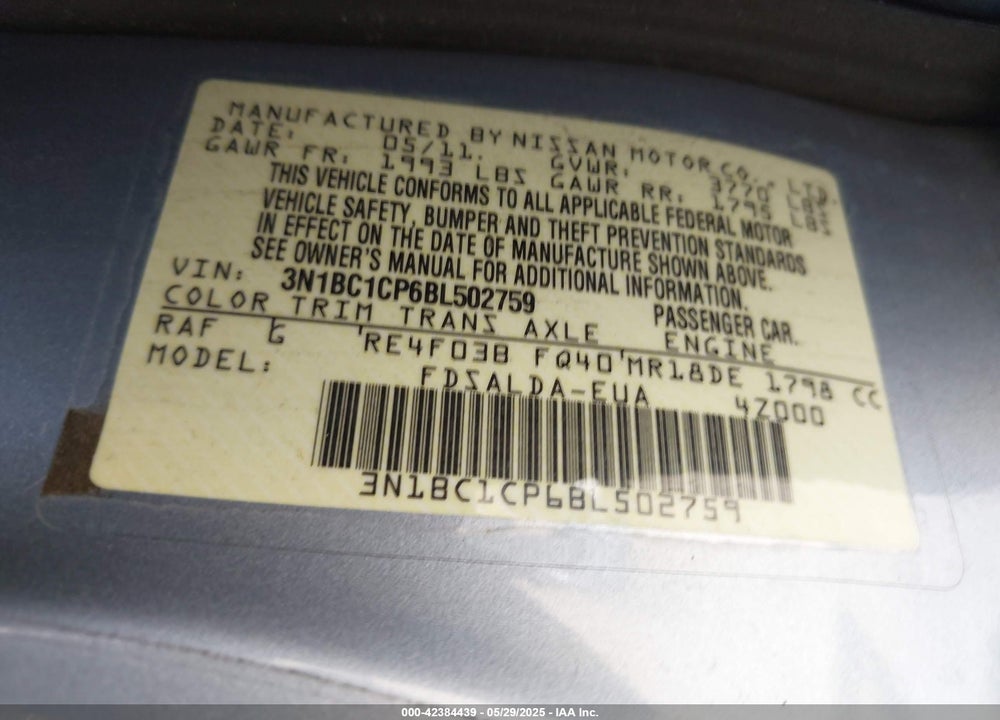 2011 NISSAN VERSA 1.8S VIN: 3N1BC1CP6BL502759
