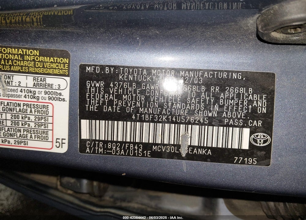 2004 TOYOTA CAMRY LE V6 VIN: 4T1BF32K14U576245