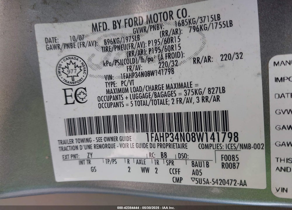 2008 FORD FOCUS S VIN: 1FAHP34N08W141798