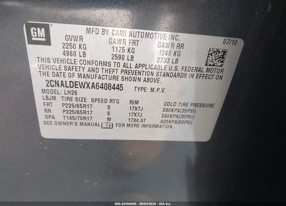 2010 CHEVROLET EQUINOX VIN: 2CNALDEWXA6408445