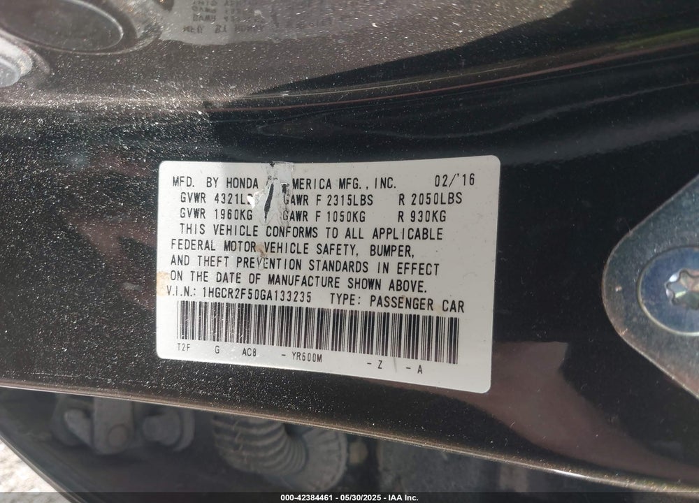 2016 HONDA ACCORD VIN: 1HGCR2F50GA133235
