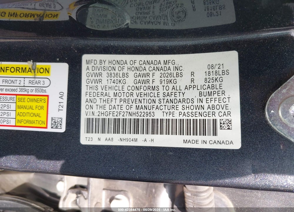 2022 HONDA CIVIC LX VIN: 2HGFE2F27NH522953