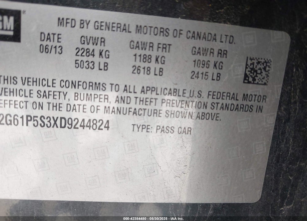 2013 CADILLAC XTS VIN: 2G61P5S3XD9244824