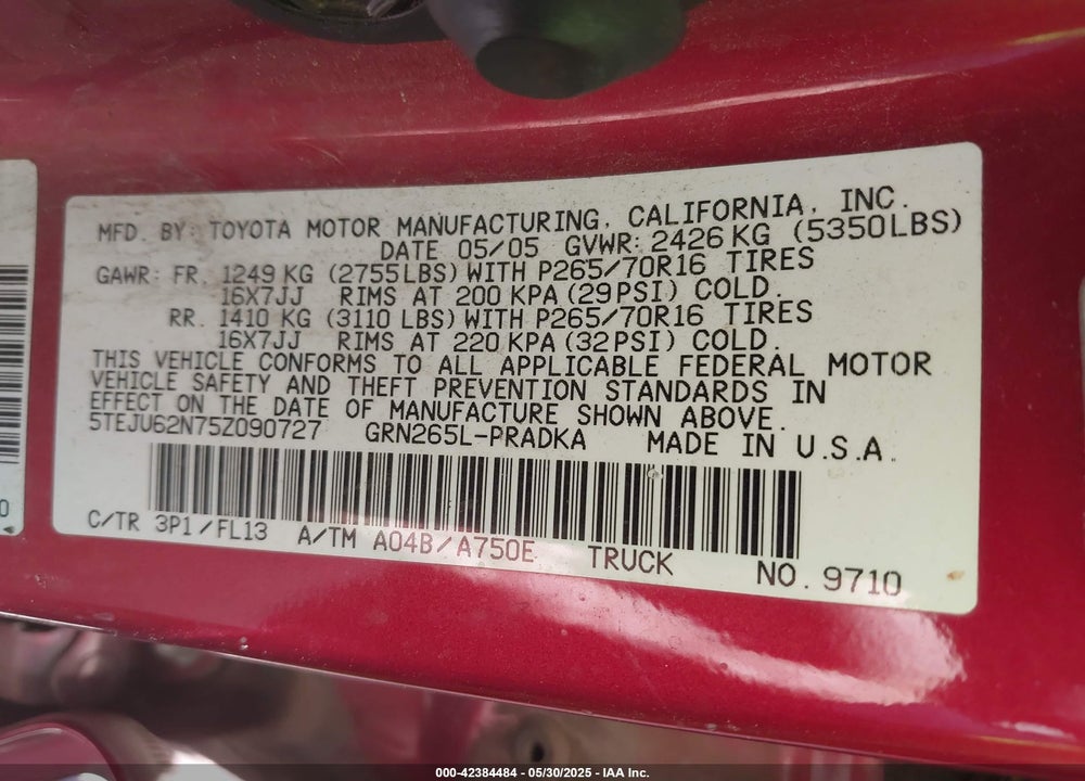 2005 TOYOTA TACOMA VIN: 5TEJU62N75Z090727