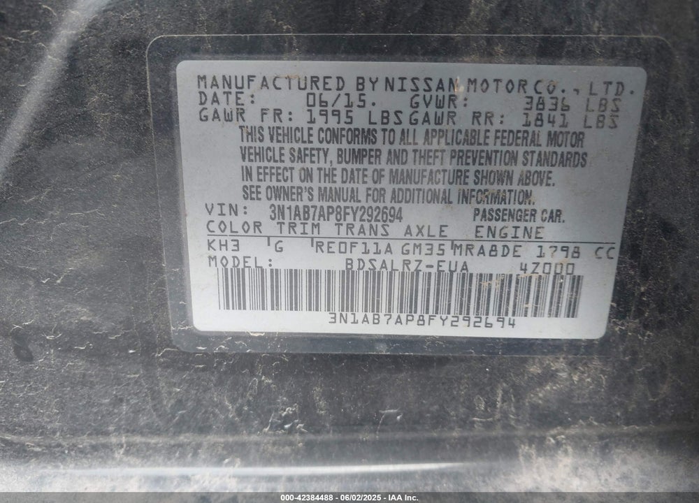 2015 NISSAN SENTRA VIN: 3N1AB7AP8FY292694
