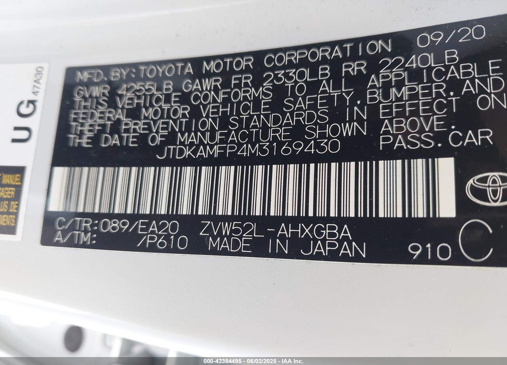 2021 TOYOTA PRIUS PRIME VIN: JTDKAMFP4M3169430