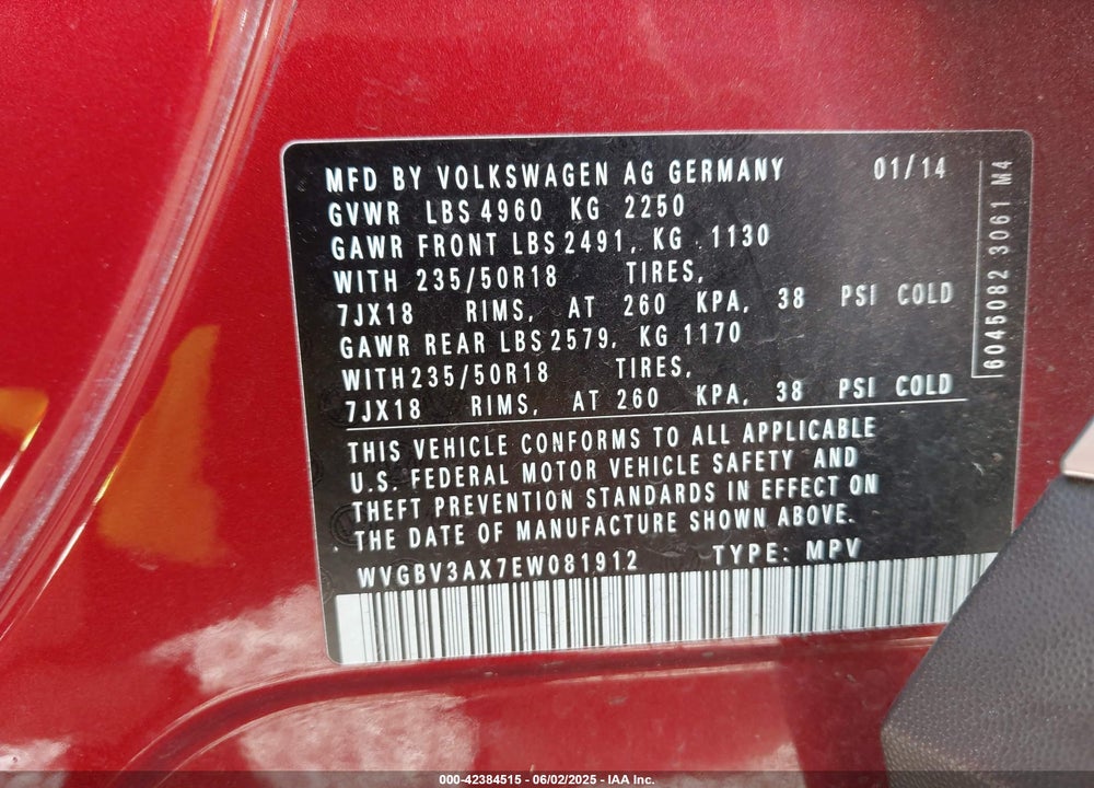 2014 VOLKSWAGEN TIGUAN VIN: WVGBV3AX7EW081912
