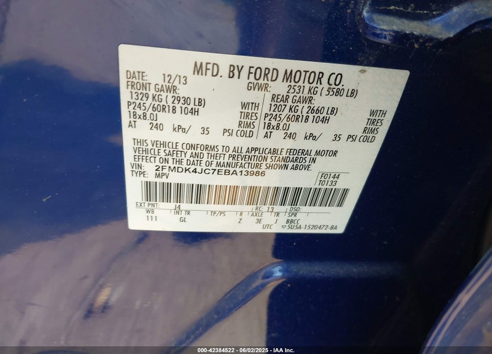 2014 FORD EDGE VIN: 2FMDK4JC7EBA13986