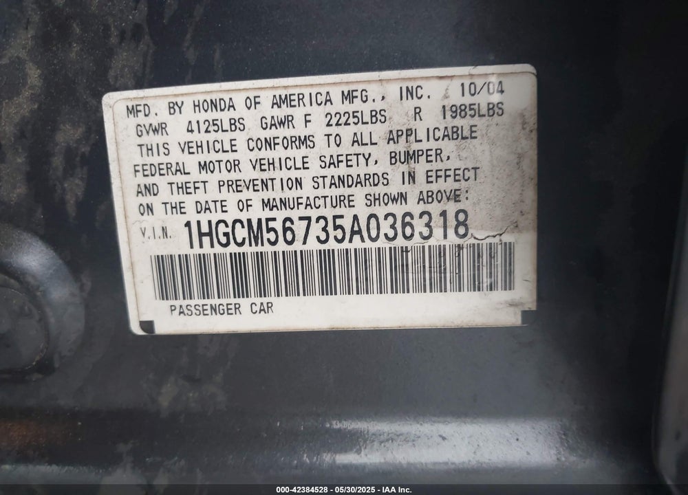 2005 HONDA ACCORD 2.4 EX VIN: 1HGCM56735A036318