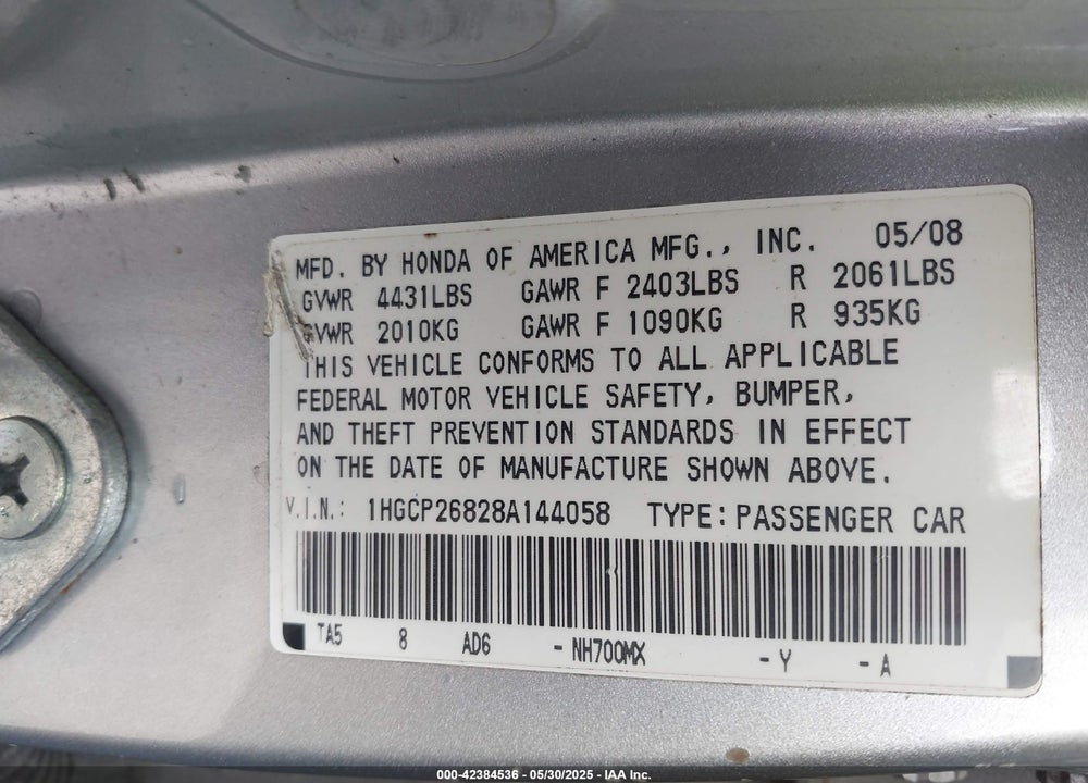 2008 HONDA ACCORD 2.4 EX-L VIN: 1HGCP26828A144058