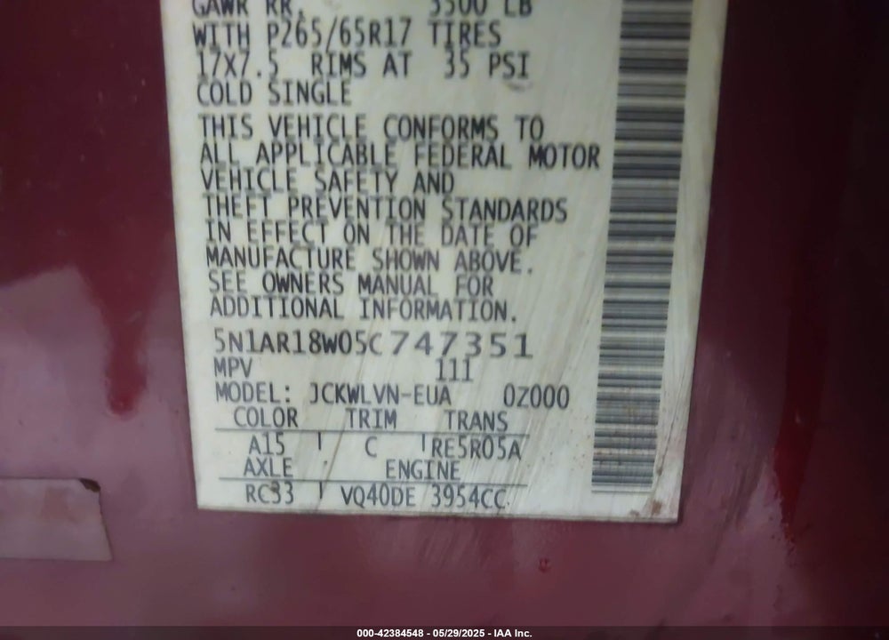 2005 NISSAN PATHFINDER LE VIN: 5N1AR18W05C747351