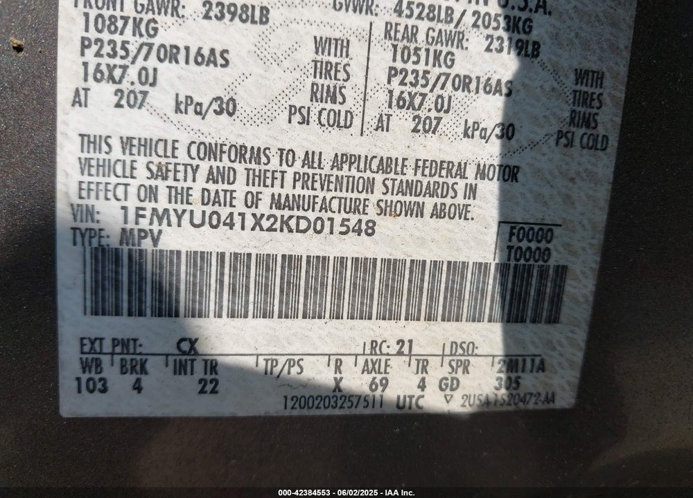 2002 FORD ESCAPE XLT VIN: 1FMYU041X2KD01548
