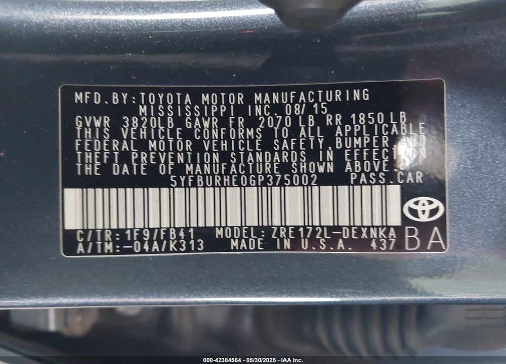 2016 TOYOTA COROLLA LE VIN: 5YFBURHE0GP375002