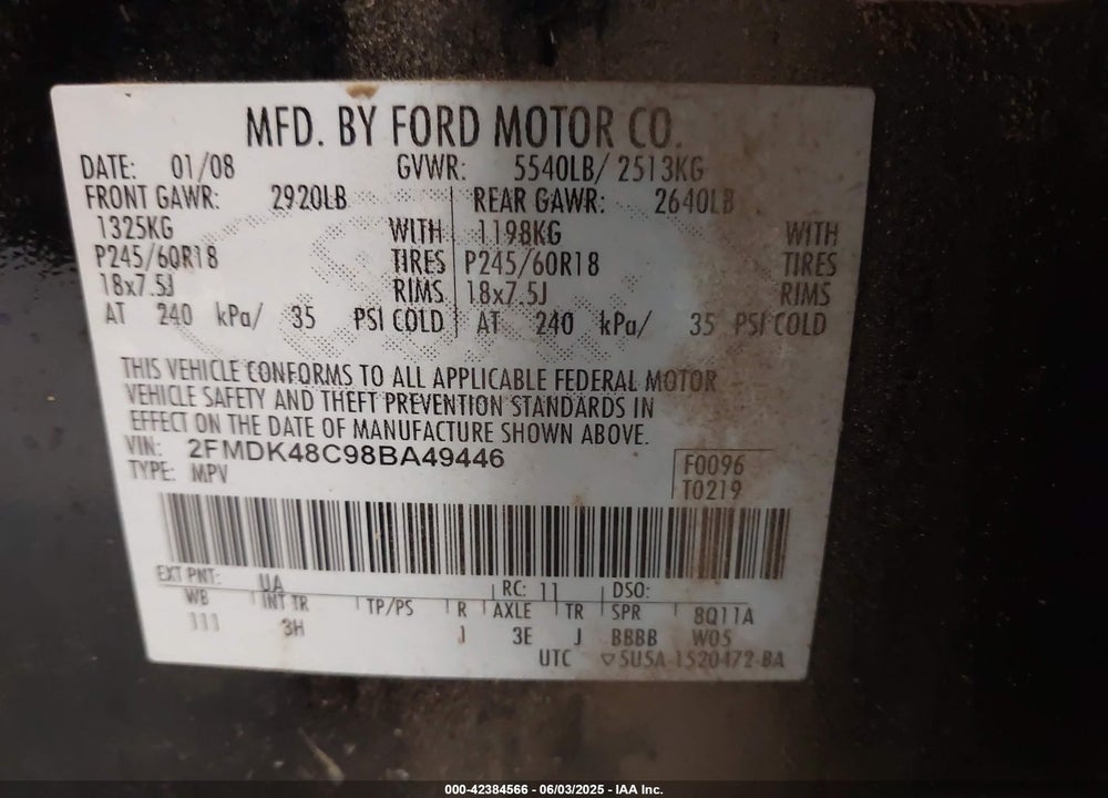 2008 FORD EDGE SEL VIN: 2FMDK48C98BA49446