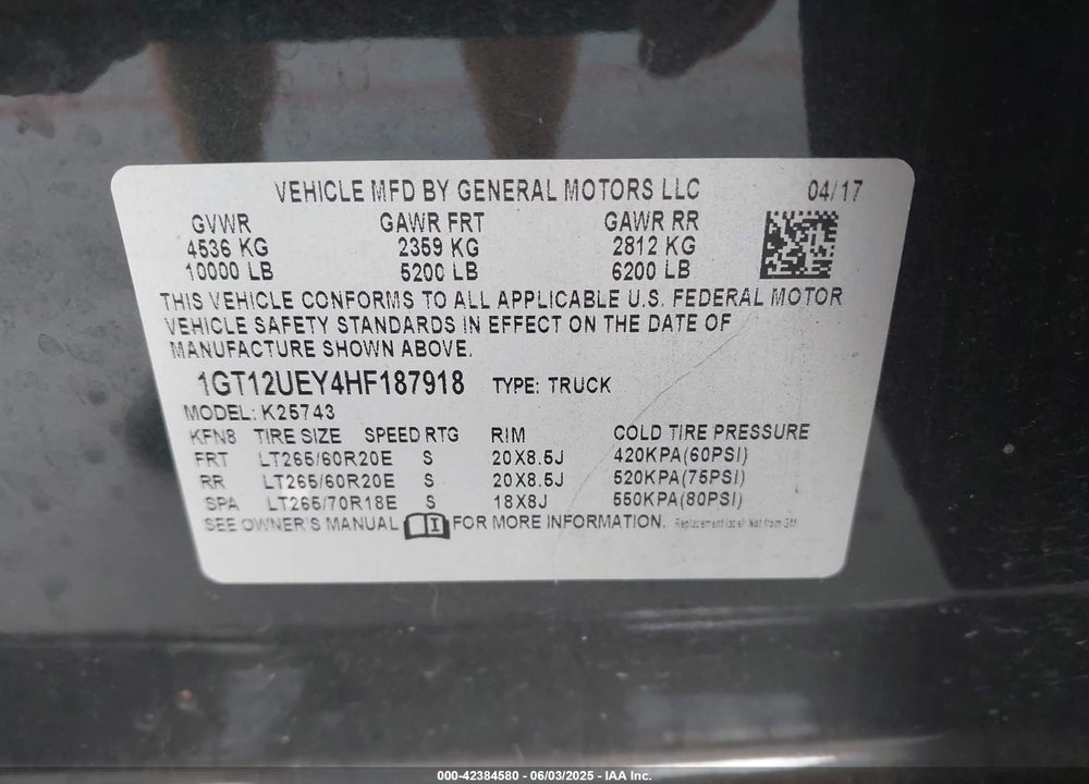 2017 GMC SIERRA VIN: 1GT12UEY4HF187918