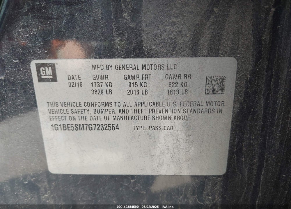 2016 CHEVROLET CRUZE LT VIN: 1G1BE5SM7G7232564