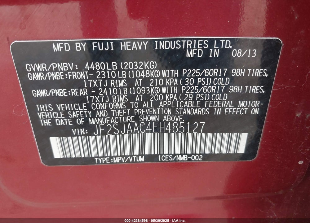 2014 SUBARU FORESTER 2.5I VIN: JF2SJAAC4EH485127
