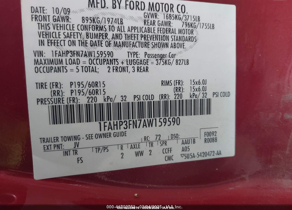2010 FORD FOCUS SE VIN: 1FAHP3FN7AW159590